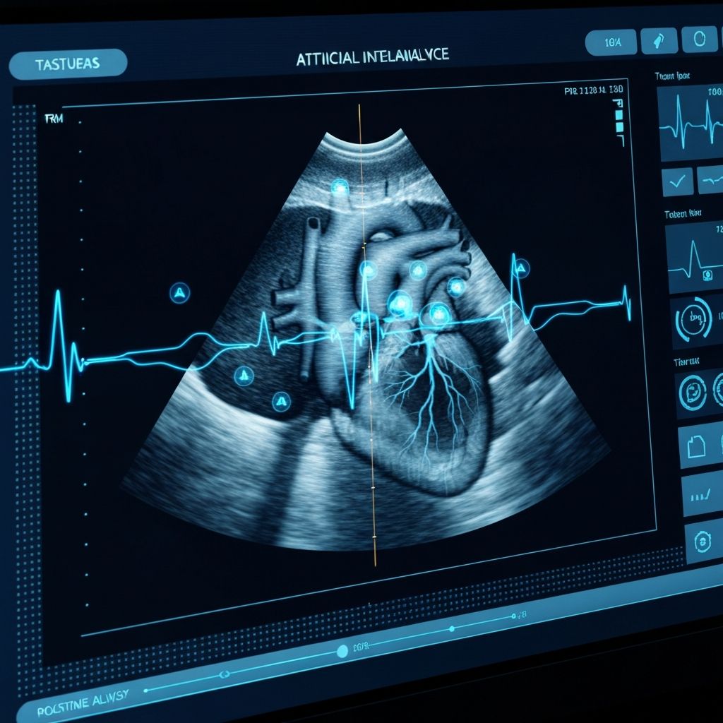 Pantalla de ecocardiografía con análisis de inteligencia artificial